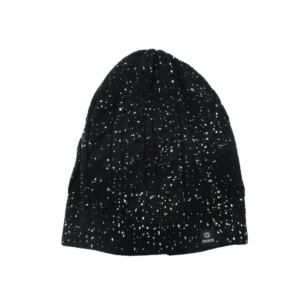 Chaos Black Cable Knit Beanie Silver Metallic Foil Splatter Winter Hat Womens